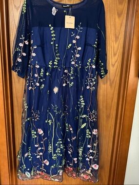 Bloomchic Navy Mesh Dress with Green and Pink Floral Embroidery